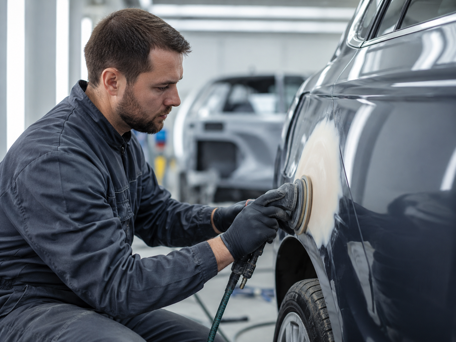 Tecnico di carrozzeria al lavoro su una fiancata auto in officina pulita e luminosa.
