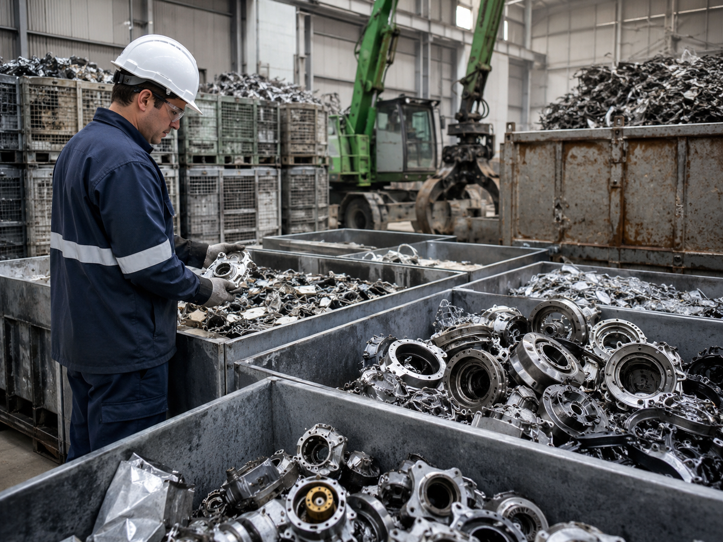 Addetto che controlla rottami metallici in area di recupero e selezione industriale.