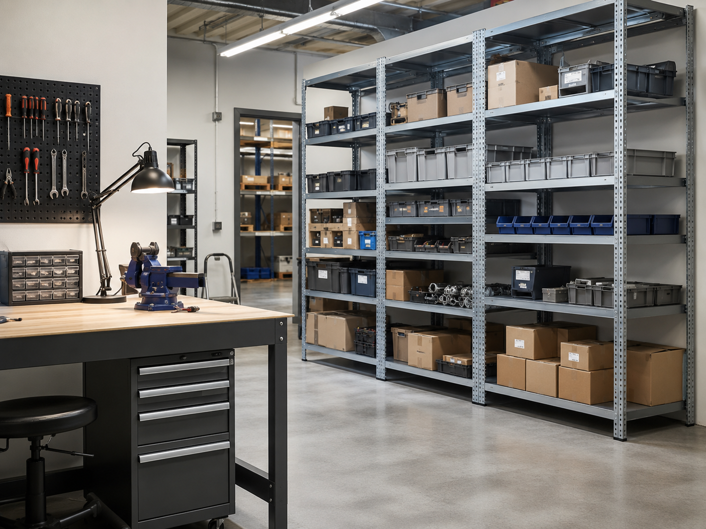 Spazio tecnico organizzato con scaffalature metalliche, contenitori e banco lavoro, senza marchi visibili.
