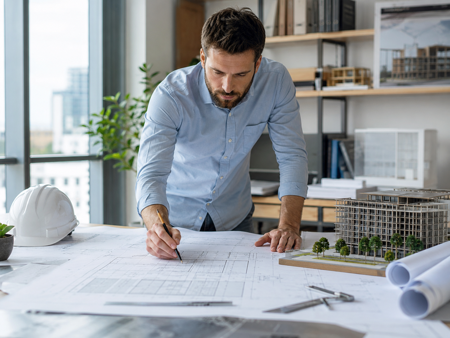 Professionista che lavora su tavolo tecnico con planimetrie e modello architettonico.